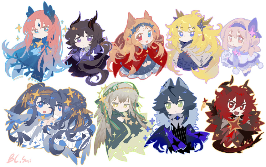 :d ;d animal archetto_(arknights) arknights black_cloak black_dress black_hair black_hairband blonde_hair blue_cloak blue_eyes blue_scarf blush brown_hair character_request chibi cloak closed_mouth collared_shirt colored_eyelashes commentary dress ebenholz_(arknights) fang fartooth_(arknights) fartooth_(hear_the_wind_sing)_(arknights) forehead_jewel fringe_trim fur_trim green_eyes grey_hair hair_between_eyes hair_ornament hair_ribbon hairband hand_up heterochromia highres lion_tail long_hair long_sleeves looking_at_viewer looking_down looking_to_the_side one_eye_closed parted_bangs passenger_(arknights) pudding_(arknights) puffy_long_sleeves puffy_sleeves purple_footwear purple_hairband purple_ribbon purple_shirt red_cloak red_eyes redhead ribbon scarf seal_(animal) shirt shoes short_eyebrows simple_background sleeves_past_wrists smile sparkle sui_(blackcatsui_yoi) tail thick_eyebrows very_long_hair violet_eyes white_background white_cloak white_dress yellow_eyes