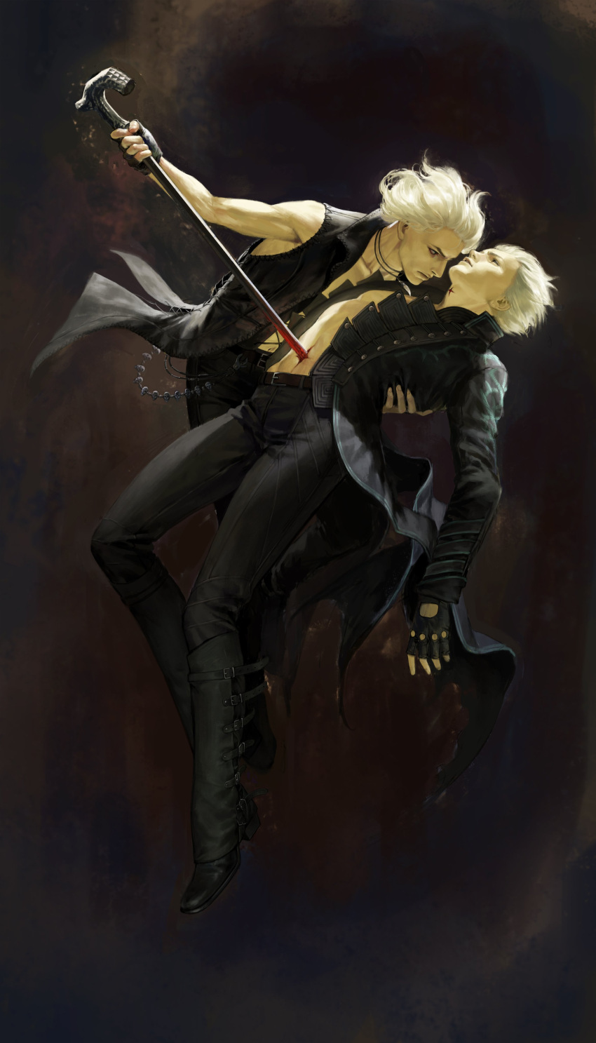 2boys absurdres black_background black_coat black_footwear black_gloves black_pants blood blood_on_weapon boots cane closed_mouth coat devil_may_cry_(series) devil_may_cry_5 fingerless_gloves gloves highres jewelry male_focus maozhu multiple_boys necklace open_clothes open_coat pants shoes short_hair sleeveless_coat stab v_(devil_may_cry) vergil_(devil_may_cry) weapon white_hair