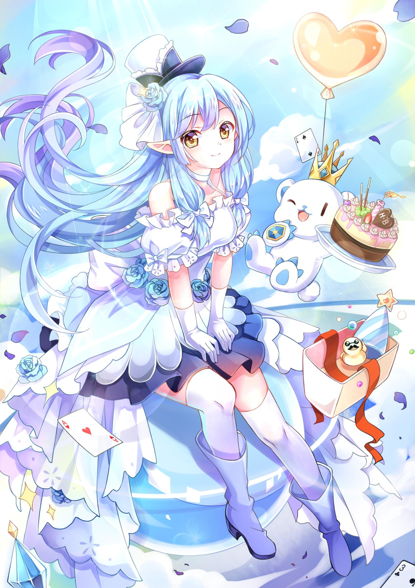 1girl ;d absurdres back_bow balloon bare_shoulders bear birthday_cake blue_background blue_flower blue_hair blue_rose boots bow cake candle card choker clouds dress dress_flower floating_hair flower food frilled_dress frills full_body gyaza hair_flower hair_ornament hands_on_own_thighs hat heart_balloon highres holding holding_cake holding_food knee_boots layered_dress lens_flare lens_flare_abuse light_blue_hair long_hair looking_at_viewer low_tied_sidelocks mini_hat mini_top_hat off-shoulder_dress off_shoulder one_eye_closed original playing_card pointy_ears polar_bear puffy_short_sleeves puffy_sleeves rose short_dress short_sleeves sitting sitting_on_ball smile solo thigh-highs top_hat very_long_hair white_bow white_choker white_dress white_footwear white_headwear white_thighhighs yellow_eyes