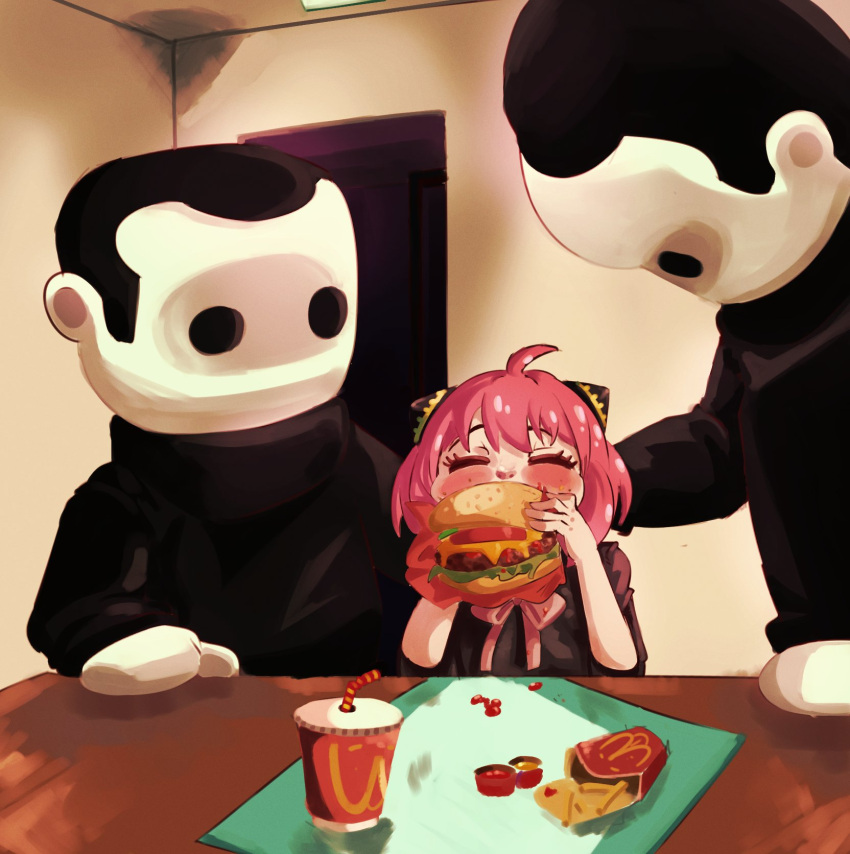 1girl 2others ahoge anya_(spy_x_family) blank_room_soup blush burger cone_hair_bun cupperexe female_child food french_fries hair_bun hairpods highres horror_(theme) multiple_others pink_hair short_hair spy_x_family sunken_eyes wcdonalds