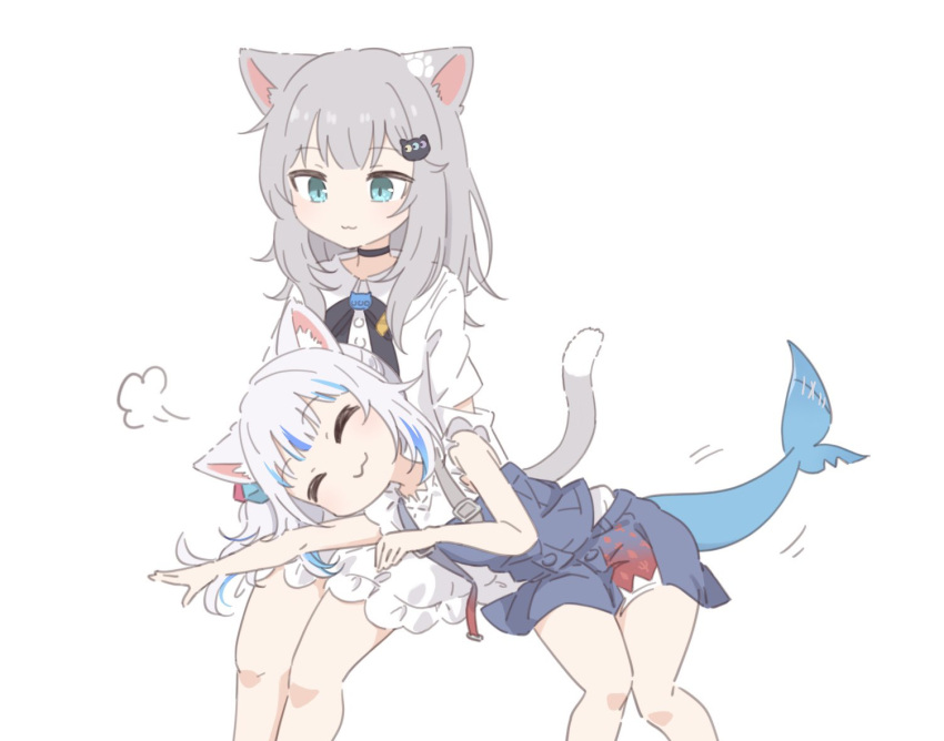 2girls :3 =3 animal_ears aqua_eyes black_choker blue_hair cat_ears cat_girl cat_hair_ornament cat_tail choker commentary_request fins fish_tail gawr_gura gawr_gura_(2nd_costume) grey_hair hair_ornament hololive hololive_english indie_virtual_youtuber invisible_chair lap_pillow miniskirt multicolored_hair multiple_girls nachoneko o_kudake shark_tail sitting skirt streaked_hair tail virtual_youtuber white_hair