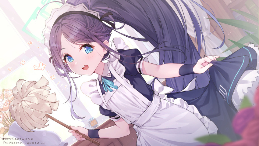 &lt;key&gt;_(robot)_(blue_archive) 1girl apron aris_(blue_archive) aris_(maid)_(blue_archive) artist_name black_dress black_hair blue_archive blue_eyes blue_ribbon collared_dress commentary_request dress duster dutch_angle flat_chest frilled_apron frills green_halo halo highres holding holding_duster leaning_forward long_hair maid maid_apron maid_headdress neck_ribbon official_alternate_costume open_mouth paid_reward_available parted_bangs ponytail puffy_short_sleeves puffy_sleeves ribbon short_sleeves skirt_hold solo teeth twitter_logo twitter_username upper_teeth_only variant_set very_long_hair web_address white_apron wrist_cuffs yellowpaint.