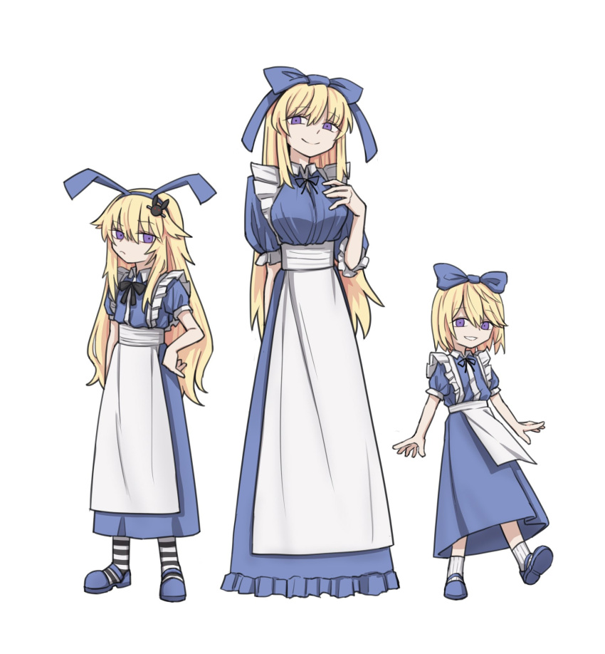 3girls alice_(black_souls) apron black_ribbon black_souls blonde_hair blue_bow blue_dress blue_footwear bow closed_mouth commentary dress frills full_body hair_bow hair_ornament hand_on_own_chest hand_on_own_hip highres long_hair looking_at_viewer multiple_girls neck_ribbon pout rabbit_hair_ornament rabbit_king ribbon short_hair simple_background smile socks striped striped_socks symbol-only_commentary violet_eyes white_apron white_background