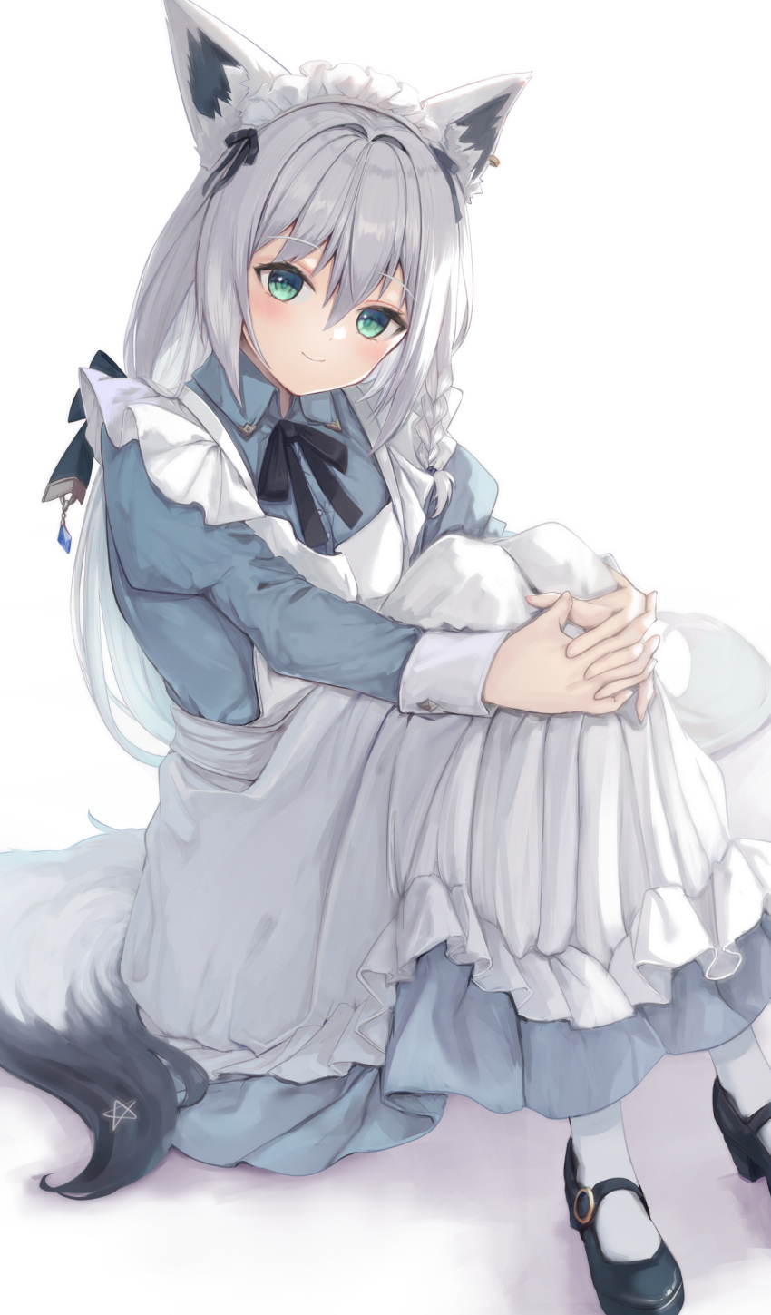 1girl absurdres alternate_costume animal_ear_fluff animal_ears apron black_footwear blue_dress blush braid commentary_request dress earrings enmaided fox_ears fox_girl fox_tail green_eyes hair_between_eyes highres hololive hugging_own_legs itone_114 jewelry knees_up loafers long_hair long_sleeves looking_at_viewer maid maid_apron maid_headdress pantyhose pentagram shirakami_fubuki shoes sidelocks simple_background single_braid sitting smile solo tail virtual_youtuber white_background white_hair white_pantyhose