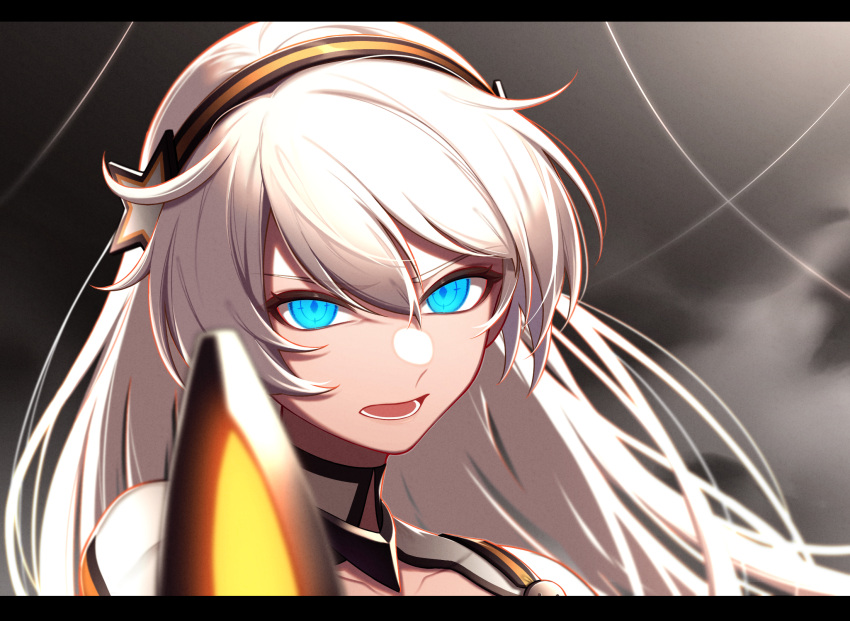 1girl blue_eyes blurry blurry_foreground collarbone commentary_request depth_of_field glowing hairband highres honkai_(series) honkai_impact_3rd kiana_kaslana kiana_kaslana_(white_comet) letterboxed long_hair looking_at_viewer open_mouth portrait solo thick_eyebrows v-shaped_eyebrows white_hair yunomi_(yunomi_hs)