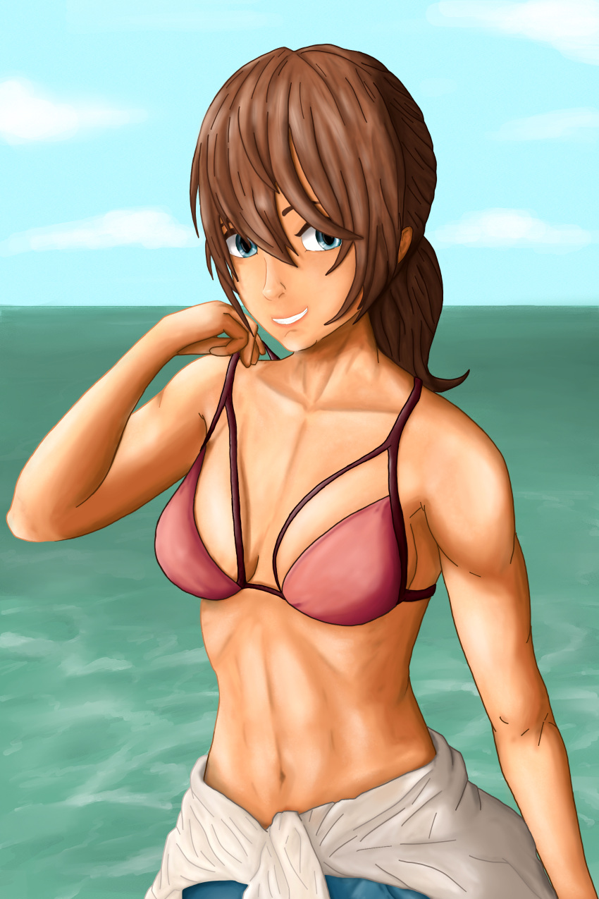 1girl abs absurdres bare_shoulders beach bikini bikini_pull bikini_top_only breasts brown_hair clothes_pull collarbone day highres looking_at_viewer medium_breasts muscular muscular_female navel ocean open_mouth original outdoors seaside shirt shorts simple_background smile swimsuit tied_shirt