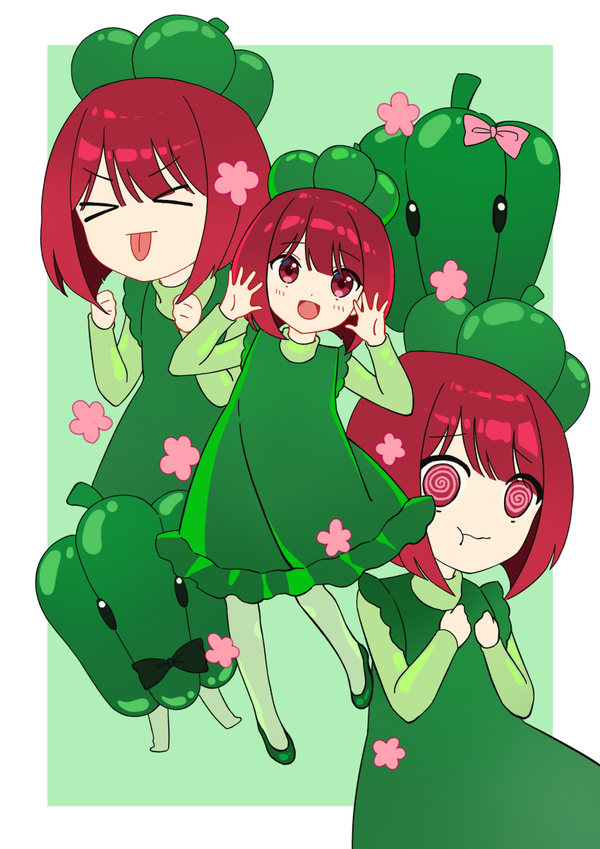 1girl @_@ absurdres aged_down arima_kana blunt_bangs blush bob_cut chinese_commentary commentary_request dress food-themed_hat green_dress green_pepper highres long_sleeves multiple_views oshi_no_ko red_eyes redhead short_hair smile turtleneck xiang_yu_pai