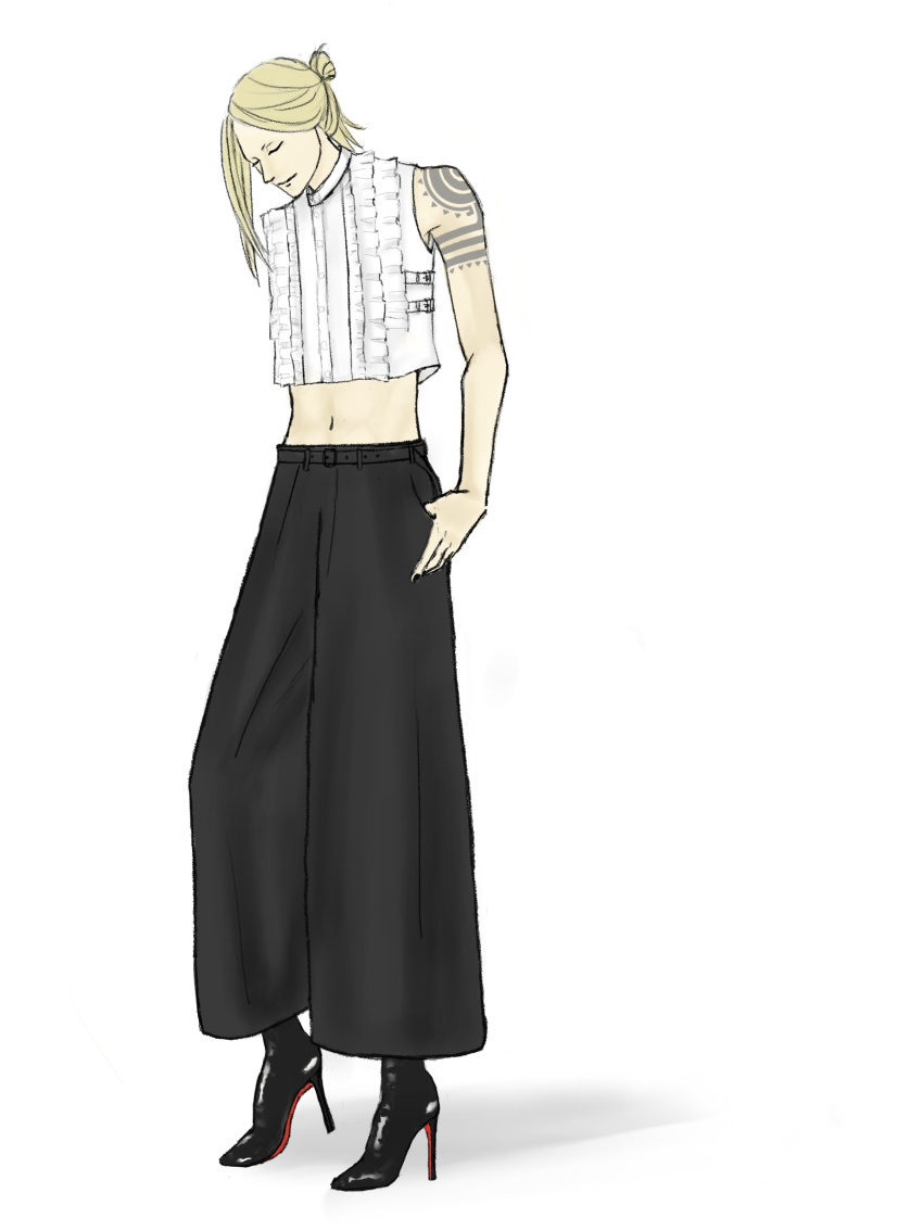 1boy absurdres alternate_costume alternate_hairstyle arm_tattoo bare_shoulders black_nails black_pants blonde_hair cropped_shirt fate/grand_order fate_(series) full_body high_heels highres long_hair male_focus midriff navel pants sasami-telepath shirt shoulder_tattoo simple_background sleeveless solo tattoo tezcatlipoca_(fate) white_background white_shirt