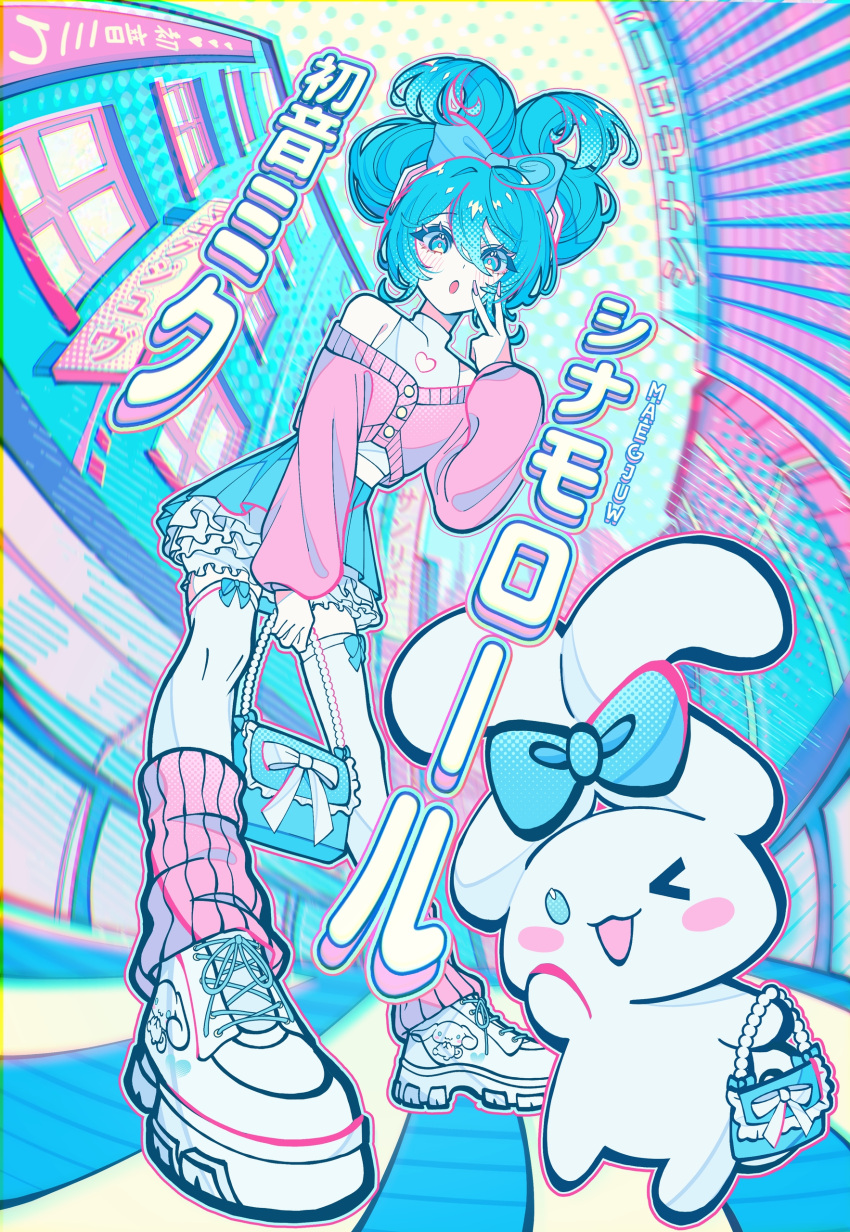 &gt;_o 1girl :d :o absurdres artist_name bag bloomers blue_bow blue_eyes blue_hair blue_skirt blush bow building cardigan character_name cinnamiku cinnamoroll closed_mouth commentary_request company_name cross-laced_footwear crossover from_below full_body hair_between_eyes hair_bow handbag hatsune_miku highres holding holding_bag long_sleeves looking_at_viewer maegjuw one_eye_closed outdoors pink_cardigan pink_socks pleated_skirt russian_commentary sanrio shirt shoes skirt sleeveless sleeveless_shirt smile sneakers socks thigh-highs tied_ears translated underwear updo v vocaloid white_footwear white_shirt white_thighhighs
