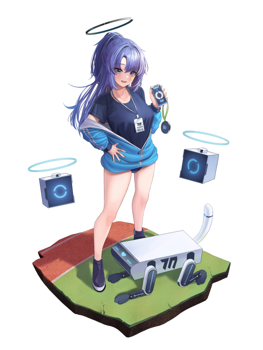 1girl absurdres andamiro bare_legs black_footwear black_halo blue_archive blue_buruma blue_eyes blue_halo blue_jacket blue_shirt blush breasts buruma cellphone commentary drone full_body gym_shirt gym_uniform halo hand_up highres holding holding_phone id_card jacket jacket_partially_removed korean_commentary lanyard large_breasts long_hair long_sleeves looking_at_viewer official_alternate_costume open_mouth parted_bangs partially_unzipped phone ponytail robot shirt shoes simple_background smartphone smile solo standing star_sticker sticker_on_face track_jacket white_background yuuka_(blue_archive) yuuka_(track)_(blue_archive)