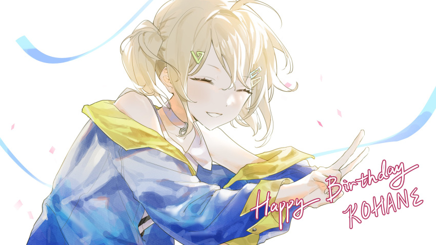 1girl absurdres azusawa_kohane bare_shoulders blonde_hair character_name choker closed_eyes commentary_request confetti hair_ornament hairclip happy_birthday highres lingjiu_yuki long_sleeves project_sekai short_twintails smile solo teeth twintails upper_body v white_background