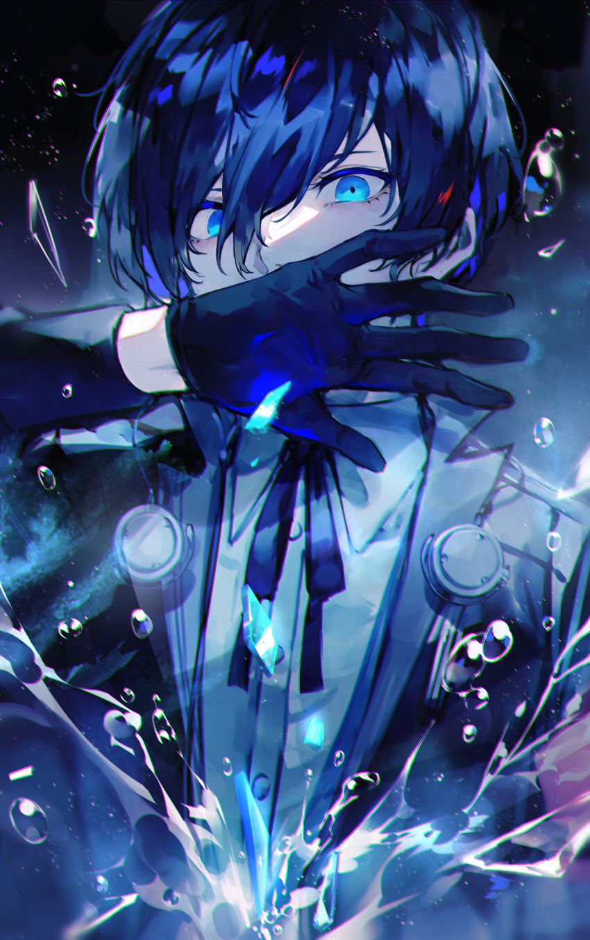 1boy absurdres black_gloves black_jacket blue_eyes blue_hair bubble buttons commentary_request covering_mouth gekkoukan_high_school_uniform gloves hair_between_eyes highres jacket long_sleeves looking_at_viewer lor_(roasyerizyonirapi) male_focus neck_ribbon open_clothes open_jacket persona persona_3 ribbon school_uniform shirt short_hair solo uniform white_shirt yuuki_makoto