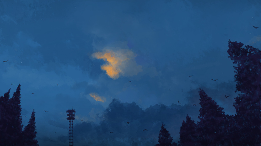 bird clouds cloudy_sky commentary_request evening forest gensuke_(ryun) highres nature no_humans original outdoors radio_tower scenery sky sky_focus star_(symbol) tree twilight