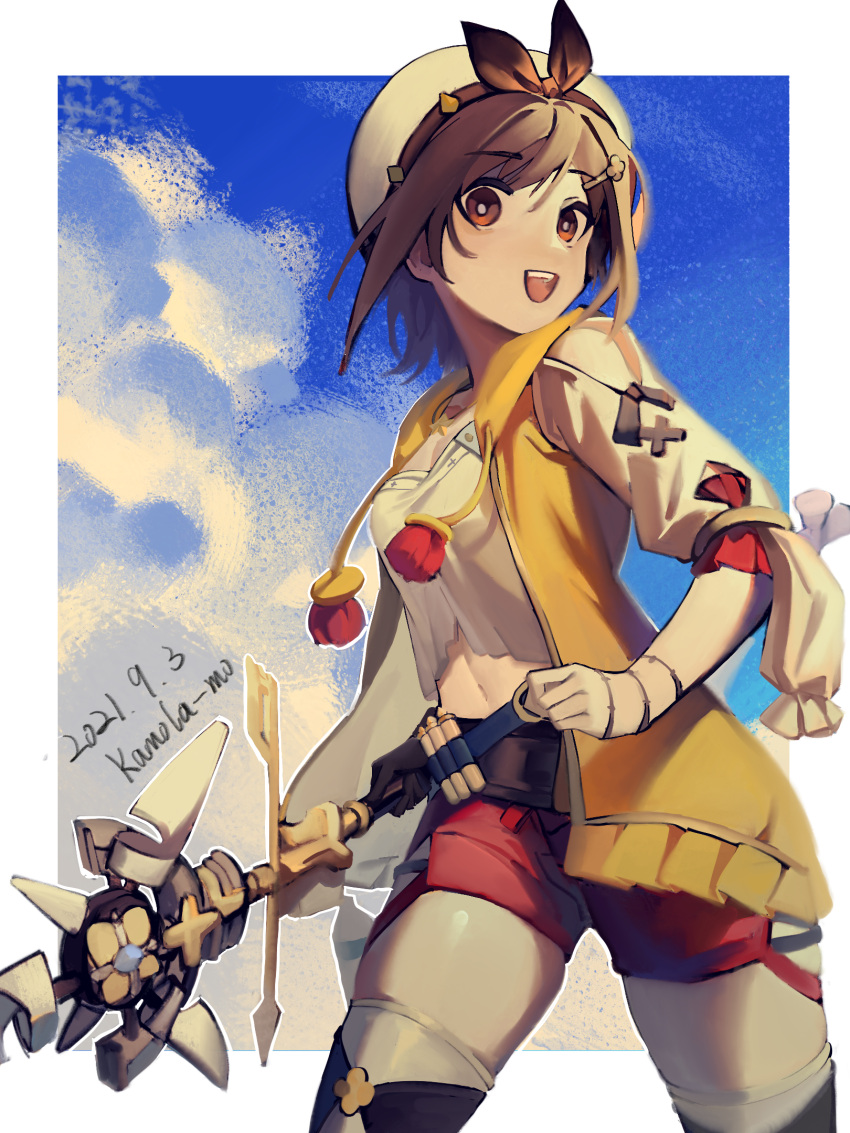 1girl :d artist_name atelier_(series) atelier_ryza atelier_ryza_1 belt beret boots border bow bracelet brown_belt brown_footwear brown_gloves brown_hair clouds cowboy_shot dated gloves hair_ornament hairclip hat hat_bow highres holding holding_staff jacket jewelry kofi-mo necklace open_clothes open_jacket outside_border red_shorts reisalin_stout shirt short_hair short_shorts shorts signature single_glove sky sleeveless sleeveless_jacket smile solo staff star_(symbol) star_necklace thigh-highs thigh_boots thigh_pouch white_border white_headwear white_shirt white_thighhighs yellow_jacket