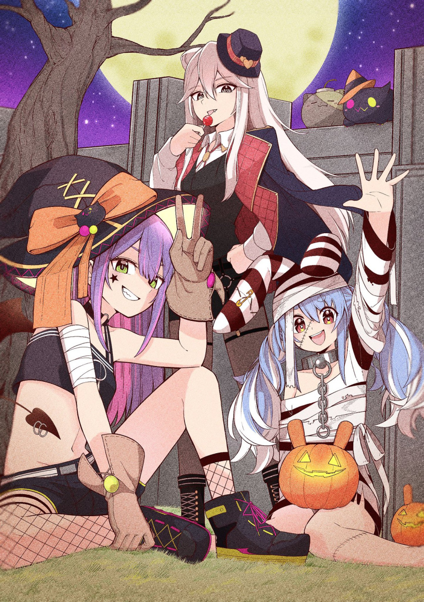 3girls :3 :d animal_ears arm_up bandaged_arm bandages bare_shoulders bare_tree belt bibi_(tokoyami_towa) black_choker black_footwear black_headwear black_jacket black_shirt black_shorts black_tail black_vest blue_hair blush bolo_tie boots bow broken broken_chain brooch brown_gloves brown_pantyhose candy chain choker closed_eyes collar collarbone collared_shirt commentary_request crop_top cross-laced_footwear demon_tail english_commentary facial_mark fang fishnet_socks fishnet_thighhighs fishnets food full_moon gloves grass green_eyes grey_eyes grin hair_between_eyes halloween halloween_costume hand_on_own_hip hand_up hat hat_bow highres holding holding_candy holding_food holding_lollipop hololive jack-o'-lantern jacket jacket_on_shoulders jewelry knee_up lace-up_boots lapels lion_ears lollipop long_hair long_sleeves looking_at_viewer metal_collar midriff mini_hat mixed-language_commentary moon multicolored_hair multiple_girls mummy_costume navel neck_ribbon night night_sky o-ring o-ring_choker open_mouth orange_bow outdoors pantyhose parted_bangs piercing pink_hair prison_clothes pumpkin purple_hair purple_sky rabbit-shaped_pupils rabbit_ears red_eyes red_ribbon ribbon shirt shishiro_botan shishiro_botan_(3rd_costume) short_eyebrows short_shorts shorts sidelocks single_sock single_thighhigh sitting sky sleeveless sleeveless_shirt smile socks ssrb_(shishiro_botan) standing star_(sky) star_(symbol) star_facial_mark stitched_face stitched_leg stitches stomach streaked_hair striped striped_headwear striped_shirt symbol-shaped_pupils tail tail_ornament tail_piercing teeth thick_eyebrows thigh-highs tilted_headwear tokoyami_towa tokoyami_towa_(1st_costume) tongue tongue_out tree twintails two-sided_fabric two-sided_jacket upper_teeth_only usada_pekora usada_pekora_(3rd_costume) v vest virtual_youtuber wariza white_belt white_hair white_shirt wing_collar witch_hat yurai0739