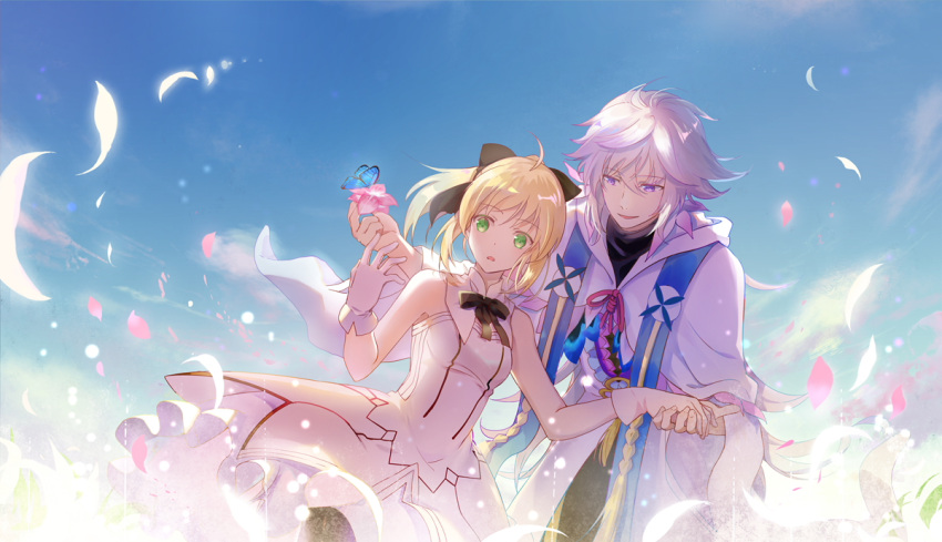 1boy 1girl ahoge artoria_pendragon_(fate) black_pantyhose black_ribbon black_shirt blonde_hair blue_butterfly breasts bug butterfly butterfly_on_hand day dress falling_petals fate/grand_order fate_(series) feet_out_of_frame flower gloves green_eyes hair_between_eyes hair_ribbon holding holding_flower holding_hands hood hood_down hooded_robe long_hair long_sleeves looking_at_another looking_to_the_side medium_hair merlin_(fate) neck_ribbon open_mouth outdoors pantyhose parted_lips petals pink_flower ribbon robe saber_lily shirt sidelocks sleeveless sleeveless_dress small_breasts smile very_long_hair violet_eyes white_dress white_gloves white_hair white_robe wide_sleeves xuehua