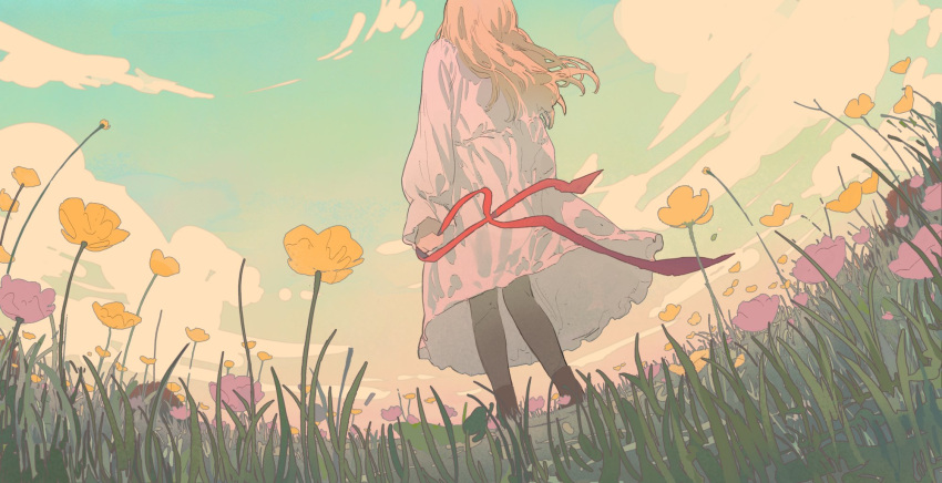 1girl black_pantyhose blonde_hair clouds dress field flower flower_field from_behind grass highres holding holding_ribbon long_hair long_sleeves original outdoors pantyhose poppy_(flower) pumpkinspicelatte red_ribbon ribbon sky solo white_dress