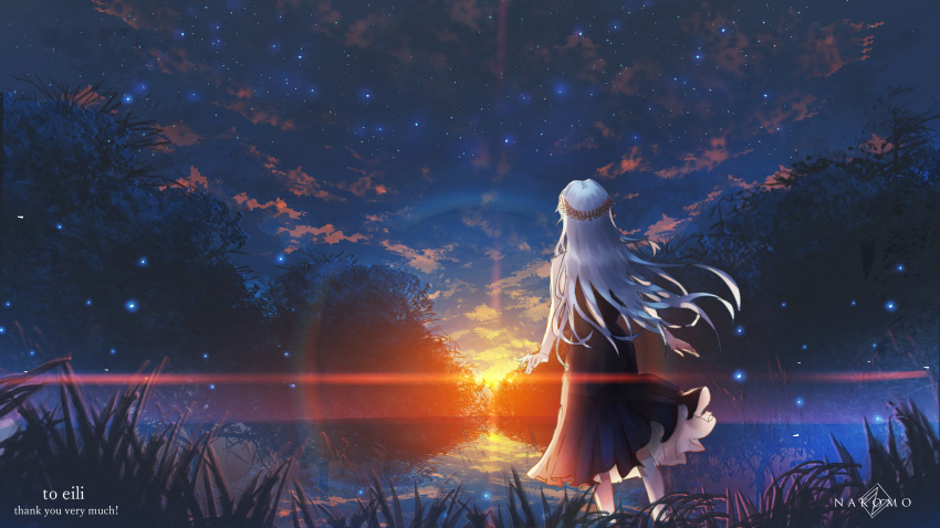 1girl absurdres blue_dress clouds commentary_request dress english_commentary fireflies floating_hair from_behind grass highres kenzo_093 lens_flare long_hair nature original outdoors reflection scenery sky solo standing star_(sky) starry_sky sunset wading water white_hair