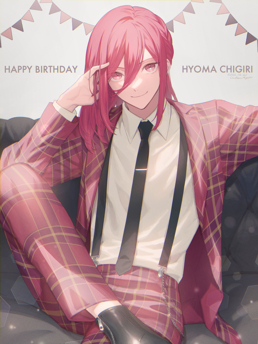 1boy absurdres black_necktie blue_lock character_name chigiri_hyoma closed_mouth collared_shirt couch cowboy_shot formal hand_up happy_birthday highres jacket long_hair long_sleeves male_focus necktie pants red_eyes red_jacket red_pants red_suit redhead shirt sitting smile solo suit suspenders umiharuayato white_background white_shirt