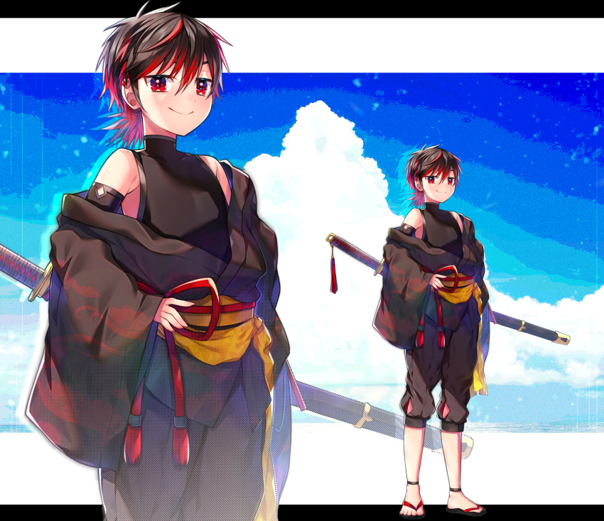 1boy akirannu black_footwear black_hair black_kimono black_shirt black_shorts closed_mouth clouds cloudy_sky ear_piercing full_body hair_between_eyes hand_on_own_hip highres japanese_clothes katana kimono letterboxed looking_at_viewer low_ponytail male_focus multicolored_hair obi obijime original outside_border piercing red_eyes redhead sandals sash sheath sheathed shirt short_kimono short_ponytail shorts sky sleeveless sleeveless_shirt sleeves_past_wrists smile solo standing sword tassel two-tone_hair weapon wide_sleeves zoom_layer