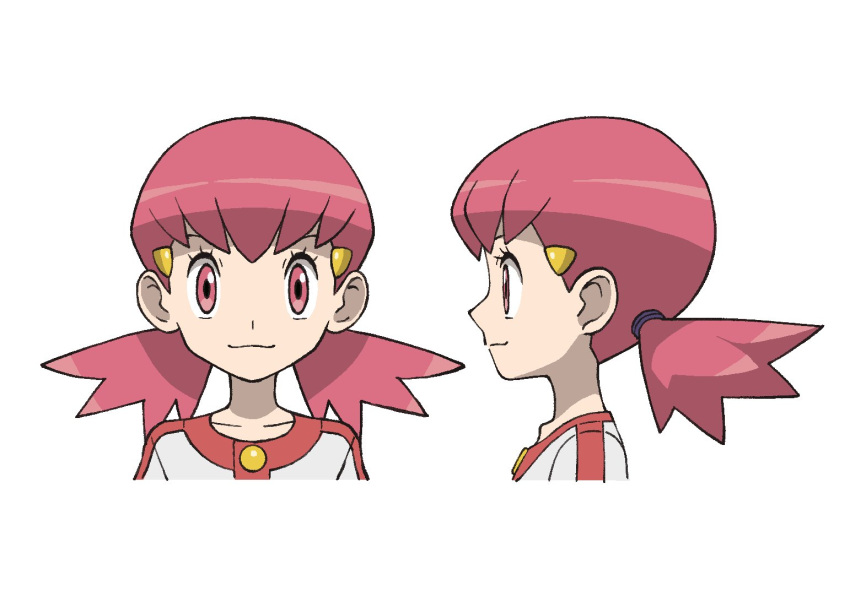 1girl buttons collarbone eyelashes hair_ornament hairclip jacket long_hair looking_at_viewer multiple_views pink_eyes pink_hair pokemon pokemon_(game) pokemon_hgss simple_background twintails upper_body white_background white_jacket whitney_(pokemon) yoshi_(moco1)