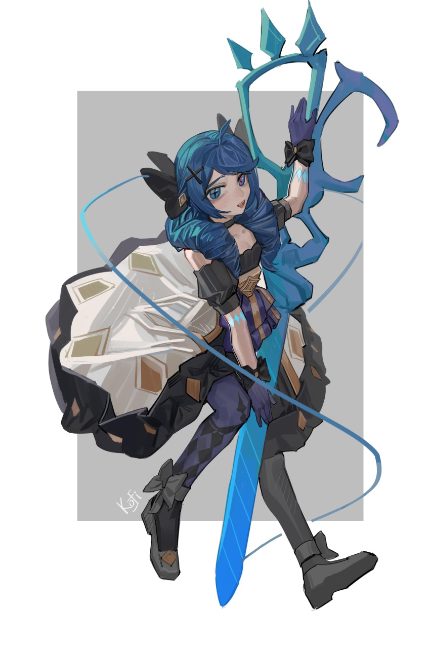 1girl :d absurdres ahoge ankle_bow anklet artist_name asymmetrical_legwear bare_shoulders black_bow black_footwear black_gloves black_pantyhose blue_eyes blue_hair blue_pantyhose border bow dress drill_hair full_body gloves grey_background gwen_(league_of_legends) hair_bow hair_ornament highres holding holding_scissors huge_weapon jewelry kofi-mo league_of_legends looking_at_viewer mismatched_legwear outside_border pantyhose scissors signature smile solo twin_drills weapon white_border x_hair_ornament