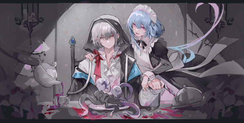 2boys absurdres alternate_costume apron arknights back_bow black_coat black_dress black_ribbon blackte69652249 blood bow brooch chair closed_mouth coat collared_dress cup doctor_(arknights) dress earrings enmaided fingernails grey_eyes grey_hair hand_on_another's_shoulder highres holding holding_knife hood hood_up hooded_coat indoors jewelry juliet_sleeves knife letterboxed long_sleeves looking_at_another maid maid_apron maid_headdress male_doctor_(arknights) male_focus mizuki_(arknights) multiple_boys neck_ribbon open_clothes open_coat pink_blood plate pouring puffy_sleeves ribbon saucer shirt short_hair sitting sleeve_cuffs table teacup teapot tentacles white_apron white_bow white_shirt