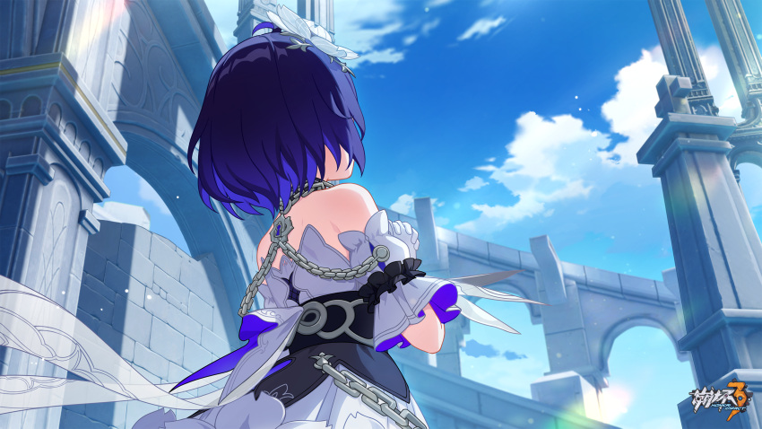 1girl ahoge back bare_shoulders blue_hair blue_sky chain chinese_commentary clouds cloudy_sky day detached_sleeves dress flower gloves hair_flower hair_ornament highres honkai_(series) honkai_impact_3rd logo looking_up official_art official_wallpaper outdoors own_hands_together praying seele_vollerei seele_vollerei_(stygian_nymph) sky solo white_dress white_flower white_gloves
