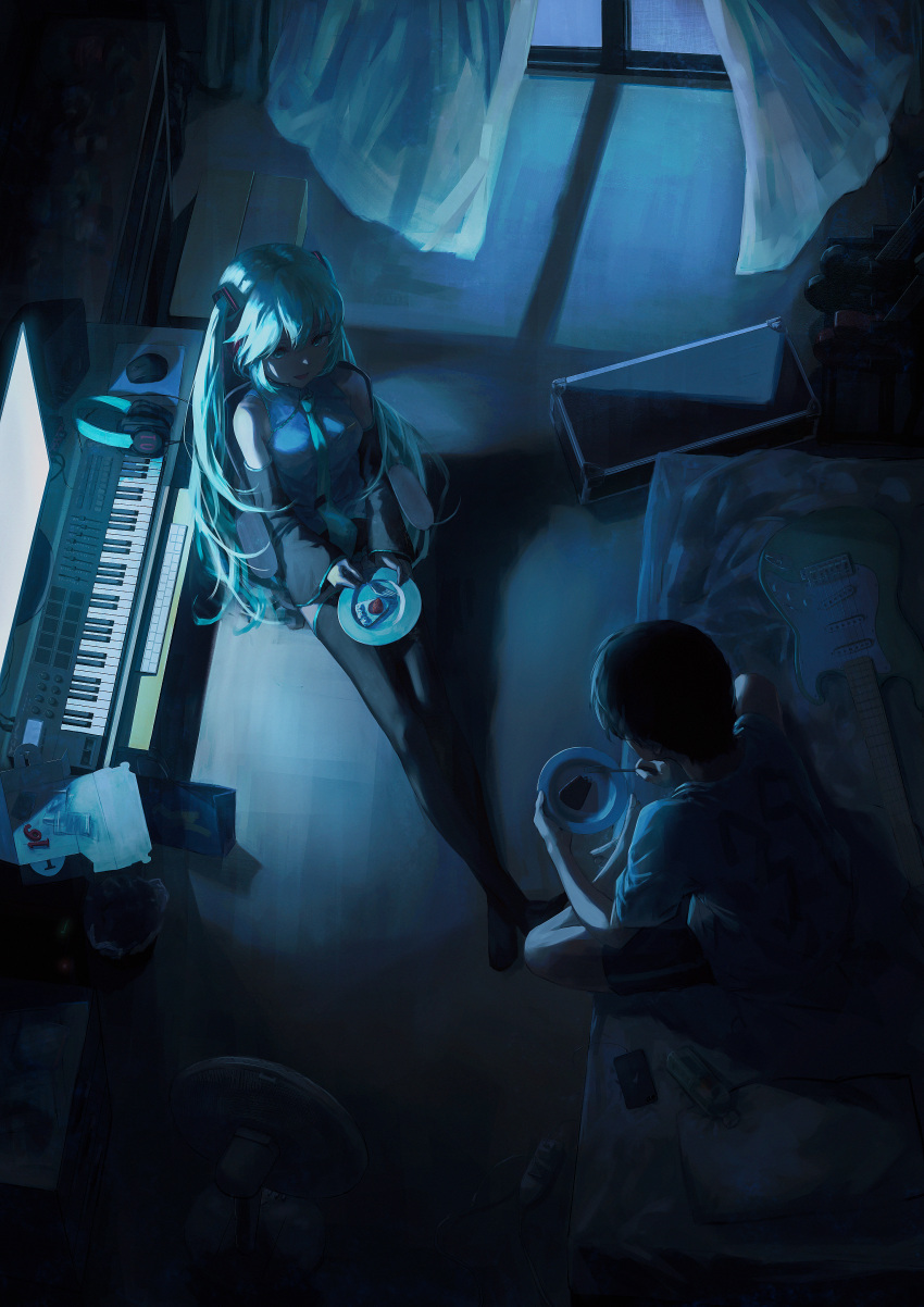 1boy 1girl 39 absurdres aqua_hair aqua_necktie bag barefoot black_hair black_thighhighs box cake charger charging_device collared_shirt commentary crate curtains dark desk detached_sleeves electric_fan food fork from_above grey_shirt guitar hair_between_eyes hatsune_miku headphones headset highres holding holding_fork holding_plate indoors instrument keyboard_(instrument) long_hair looking_at_another monitor mouse_(computer) necktie night no_shoes on_bed on_chair open_mouth pillow plate power_strip screen_light shelf shirt shopping_bag short_sleeves shorts sidelocks sitting sleeveless sleeveless_shirt sleeves_past_wrists smile speaker t-shirt talking thigh-highs tokaki trash_can twintails very_long_hair vocaloid wide_shot wide_sleeves window wireless_mouse