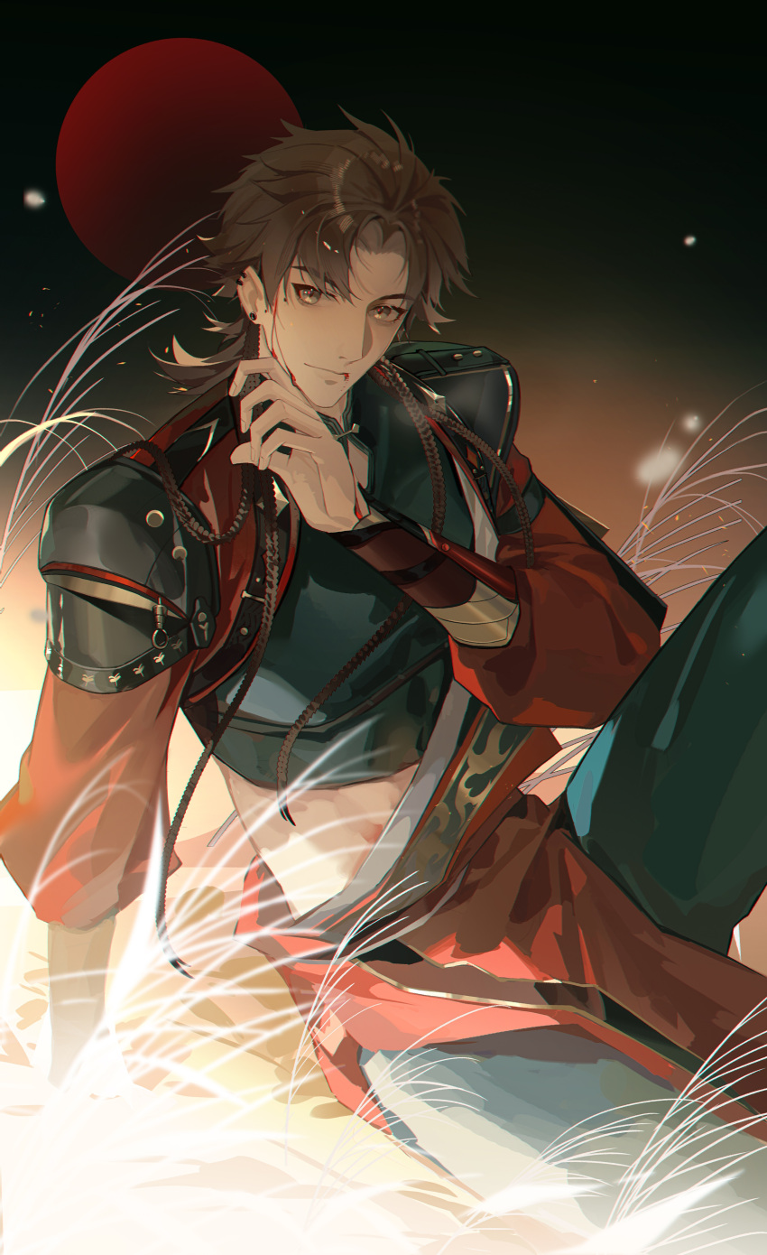 1boy absurdres blonde_hair blood blood_from_mouth blood_on_face blood_on_hands chest_armor code:_kite earrings highres jewelry long_sleeves male_focus moon parted_bangs qiu_xiong_ji_e red_moon red_sleeves short_hair sitting solo spiky_hair sun_ce_(code:_kite)