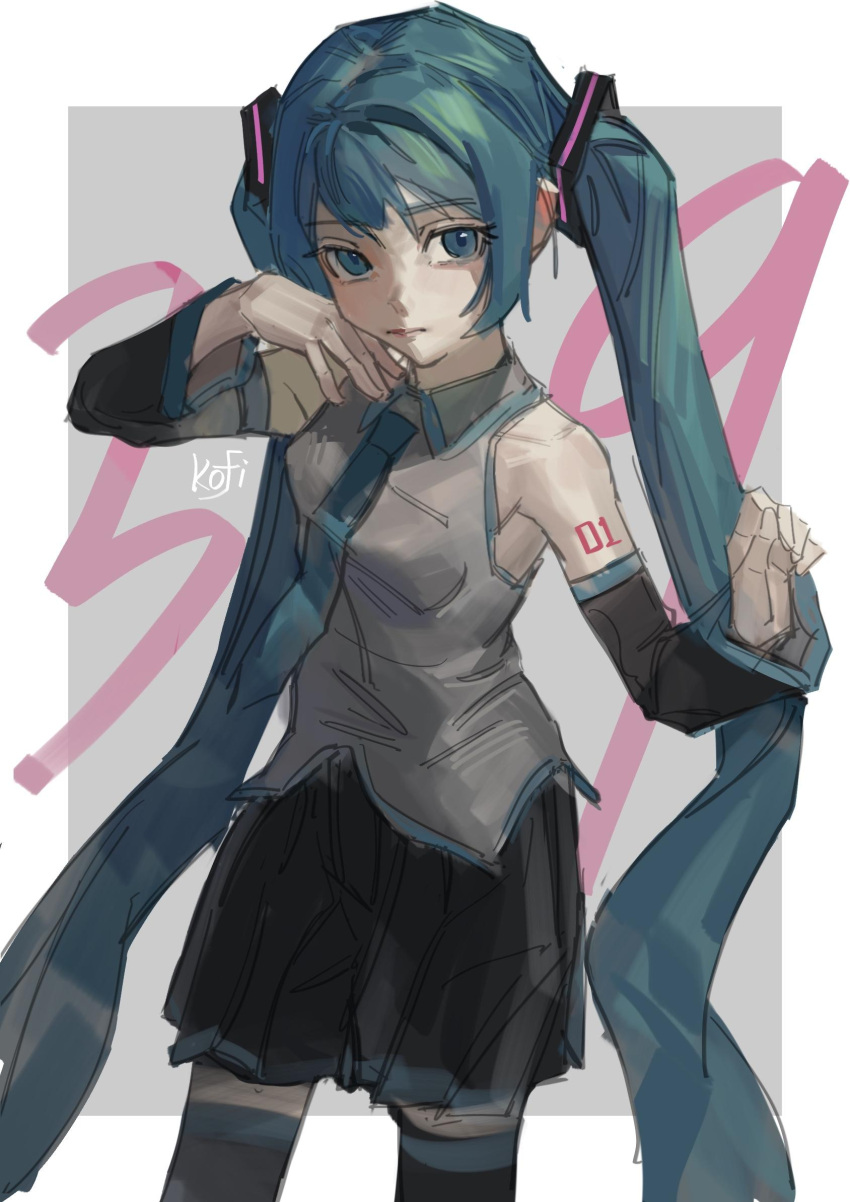 1girl 39 artist_name bare_shoulders black_skirt black_sleeves black_thighhighs border closed_mouth collared_shirt cowboy_shot detached_sleeves green_eyes green_hair green_necktie grey_background grey_shirt hair_ornament hand_on_own_face hands_up hatsune_miku highres kofi-mo long_hair necktie outside_border pleated_skirt shirt shoulder_tattoo signature sketch skirt sleeveless sleeveless_shirt solo tattoo thigh-highs twintails very_long_hair vocaloid white_border