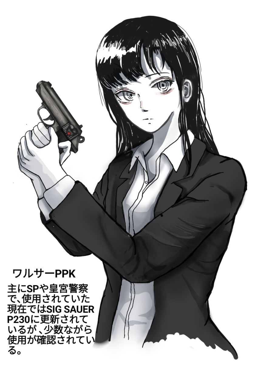 1girl 787nanahachi asymmetrical_bangs blazer business_casual closed_mouth collared_shirt commentary_request company_name dress_shirt greyscale gun handgun highres holding holding_gun holding_weapon jacket lapels long_hair long_sleeves looking_at_viewer monochrome notched_lapels office_lady open_clothes open_collar open_jacket original ringed_eyes serious shirt solo spot_color translated upper_body walther walther_ppk weapon weapon_name