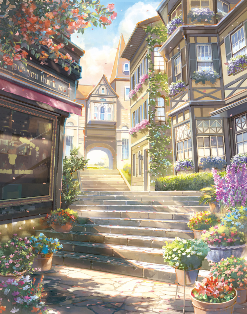 absurdres blue_flower building bush clouds commentary_request cosmos_(flower) day falling_petals flower flower_pot highres hyacinth no_humans orange_flower original outdoors petals pink_flower purple_flower red_flower scenery stairs tomato_(kiiroitomato33) town tree window