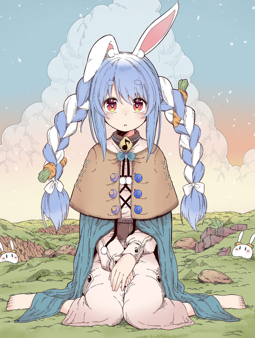 1girl :o animal_ear_fluff animal_ears barefoot blue_cape blue_hair blush bow braid brown_capelet brown_corset cape capelet capri_pants carrot_hair_ornament clouds cloudy_sky commentary_request corset cross-laced_clothes ear_down eighth_note feet field food-themed_hair_ornament full_body gradient_sky grass hair_between_eyes hair_bow hair_ornament highres hololive long_hair long_sleeves looking_at_viewer multicolored_hair musical_note no_shoes nousagi_(usada_pekora) outdoors pants parted_bangs parted_lips plant pom_pom_(clothes) rabbit-shaped_pupils rabbit_ears red_eyes rock short_eyebrows sidelocks sitting sky star_(sky) streaked_hair sunset symbol-shaped_pupils thick_eyebrows toes twilight twin_braids two-tone_hair usada_pekora virtual_youtuber wariza white_bow white_hair white_pants yurai0739