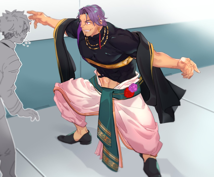 2boys black_shirt cropped_shirt duryodhana_(fate) earrings facial_hair fate/grand_order fate_(series) flower fujimaru_ritsuka_(male) goatee imoda indian_clothes jewelry looking_at_another mature_male midriff multiple_boys muscular muscular_male necklace purple_flower purple_hair purple_rose red_flower red_rose rose sash shirt short_hair shoulder_sash single_earring smile violet_eyes