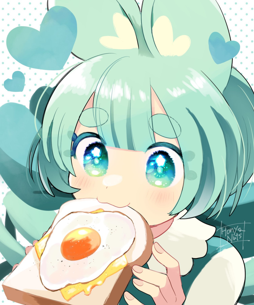 1girl :3 animal_ears blush closed_mouth eating food fried_egg fried_egg_on_toast green_eyes green_hair highres holding holding_food horny_zzz original smile solo tail thick_eyebrows toast upper_body