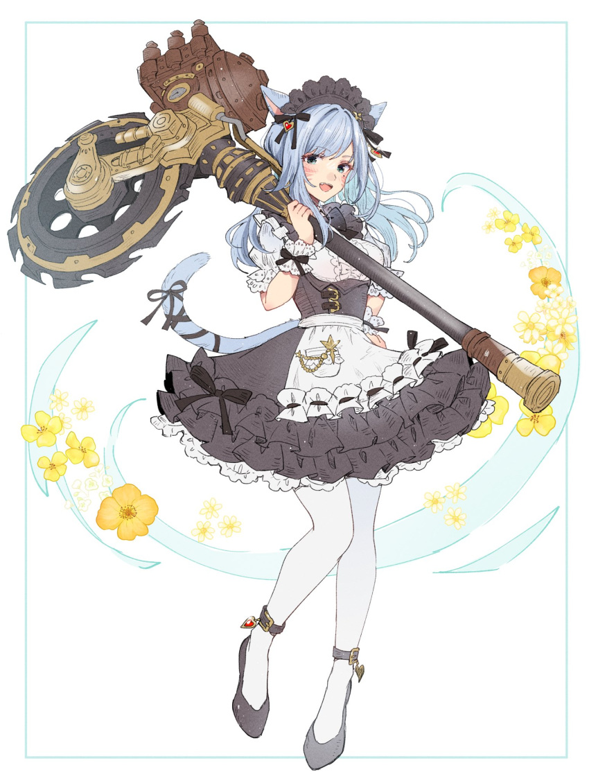 1girl animal_ears apron axe black_dress black_footwear blue_eyes bow breasts cat_ears cat_girl cat_tail commentary_request dress final_fantasy final_fantasy_xiv flower full_body hair_bow hand_on_own_hip highres holding holding_axe huge_weapon looking_at_viewer maid maid_headdress miqo'te mokokoiro open_mouth pantyhose shoes simple_background small_breasts smile solo tail teeth upper_teeth_only waist_apron warrior_of_light_(ff14) weapon white_apron white_background white_pantyhose wrist_cuffs yellow_flower