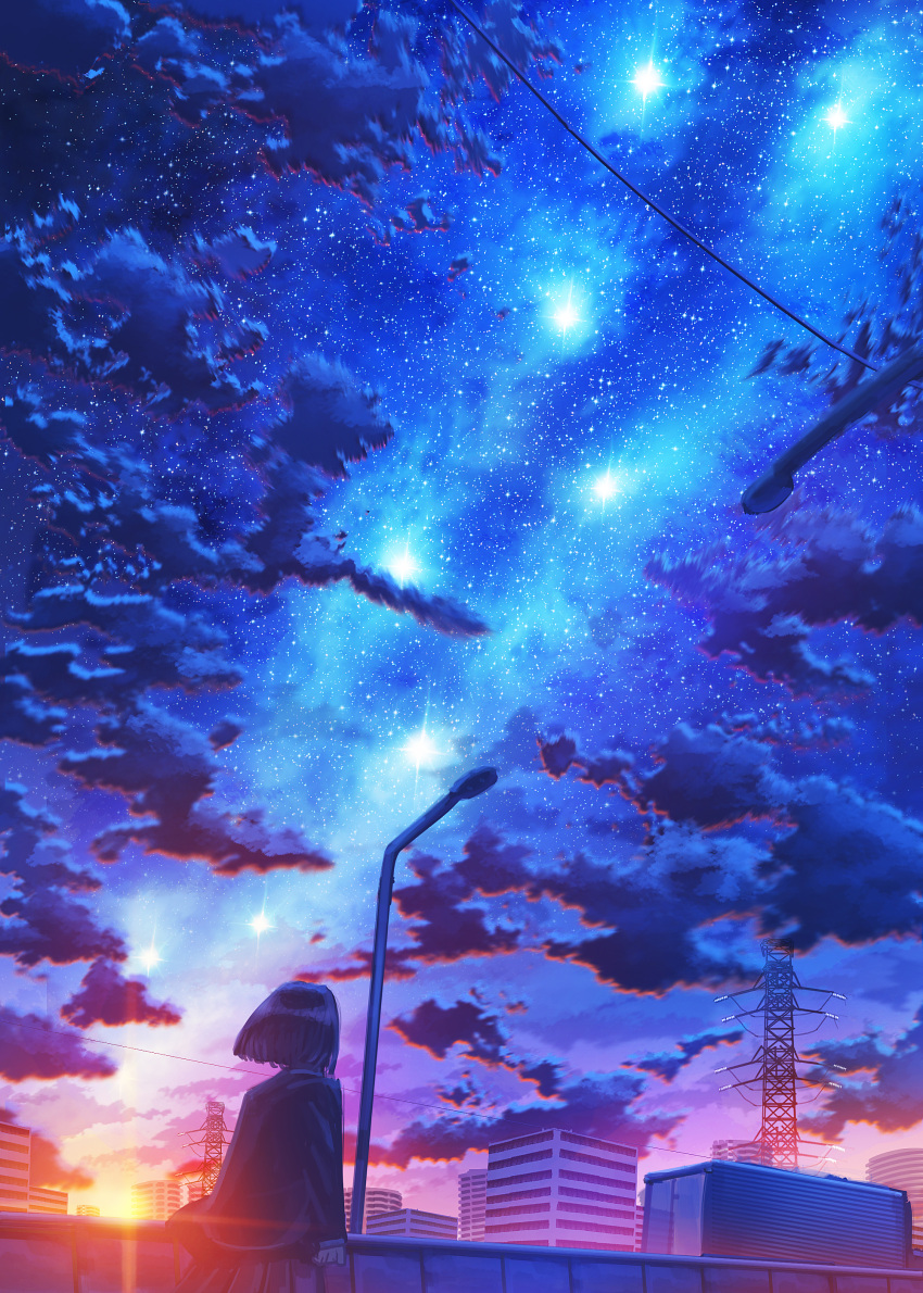 1girl absurdres bob_cut building cityscape clouds commentary floating_hair from_behind galaxy highres kenzo_093 lamppost lens_flare long_sleeves motor_vehicle night original outdoors pleated_skirt scenery semi_truck skirt sky solo sparkle star_(sky) starry_sky sunrise transmission_tower truck
