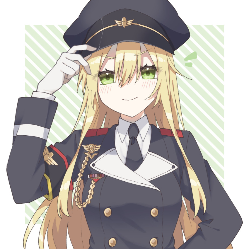 &gt;:) 1girl arm_up black_headwear black_jacket black_necktie blonde_hair blush breasts closed_mouth collared_shirt commentary diagonal_bangs girls_frontline gloves green_eyes hair_between_eyes hand_on_headwear hat highres jacket long_hair long_sleeves looking_at_viewer medium_breasts necktie notice_lines peaked_cap shirt smile solo stg44_(girls'_frontline) striped striped_background upper_body v-shaped_eyebrows very_long_hair vkm_(pvkm26) white_gloves white_shirt