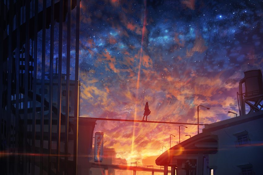 1girl balcony bridge building city cityscape clouds commentary dusk galaxy kenzo_093 lamppost original outdoors pleated_skirt power_lines railroad_tracks scenery sign skirt sky solo stairs standing star_(sky) starry_sky sunset transmission_tower window