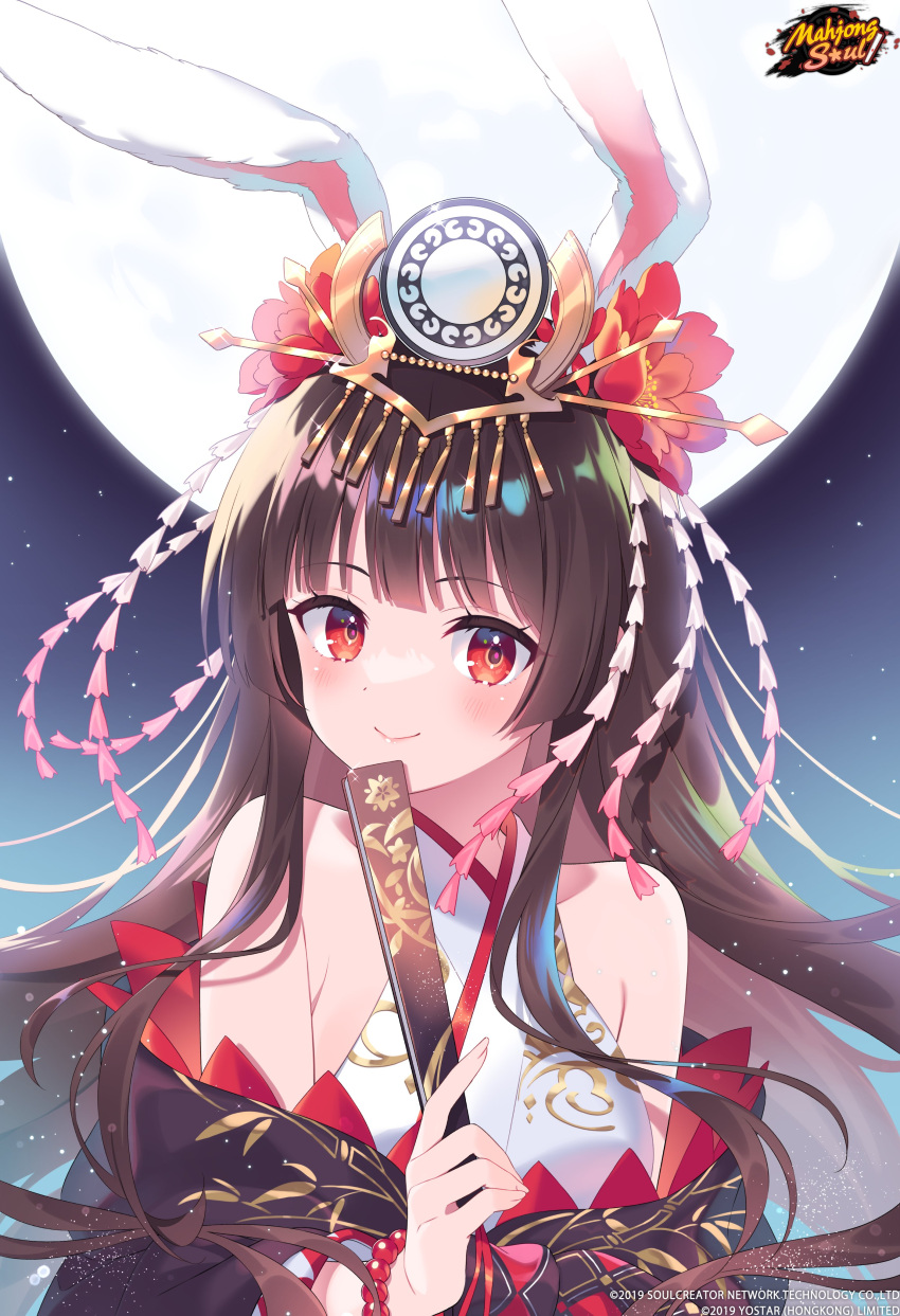 1girl absurdres animal_ears bare_shoulders bead_bracelet beads blunt_bangs bracelet brown_hair commentary copyright_name english_commentary flower hair_flower hair_ornament highres holding japanese_clothes jewelry kaguyahime_(mahjong_soul) kusumoto_shizuru logo long_hair looking_at_viewer mahjong_soul moon night official_art official_wallpaper rabbit_ears red_eyes smile upper_body