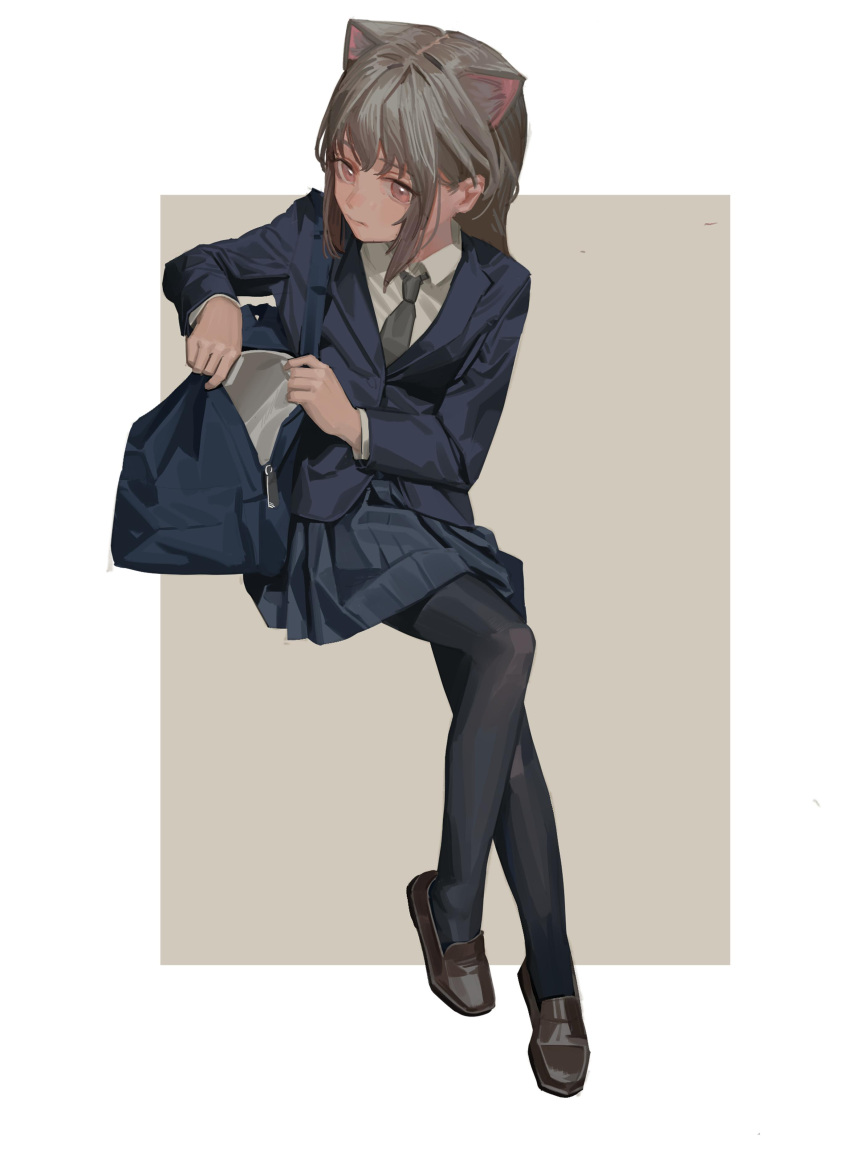 1girl absurdres animal_ears bag black_pantyhose blue_bag blue_jacket blue_skirt border brown_background brown_footwear cat_ears closed_mouth collared_shirt feiqizi_(fkey) full_body grey_hair grey_necktie highres holding holding_bag invisible_chair jacket kofi-mo loafers long_hair long_sleeves looking_at_viewer miniskirt necktie original outside_border pantyhose pleated_skirt school_uniform shirt shoes shoulder_bag sitting skirt solo white_border white_shirt