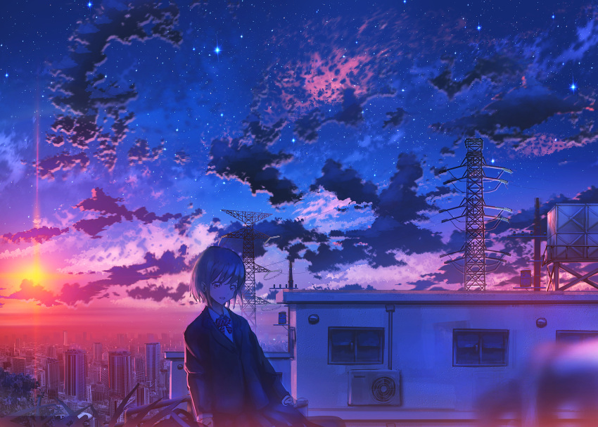 1girl air_conditioner blurry blurry_foreground bow bowtie building city cityscape clouds collared_shirt commentary cowboy_shot highres jacket kenzo_093 long_sleeves open_mouth original outdoors power_lines scenery shirt short_hair sky solo star_(sky) starry_sky sunset transmission_tower utility_pole window
