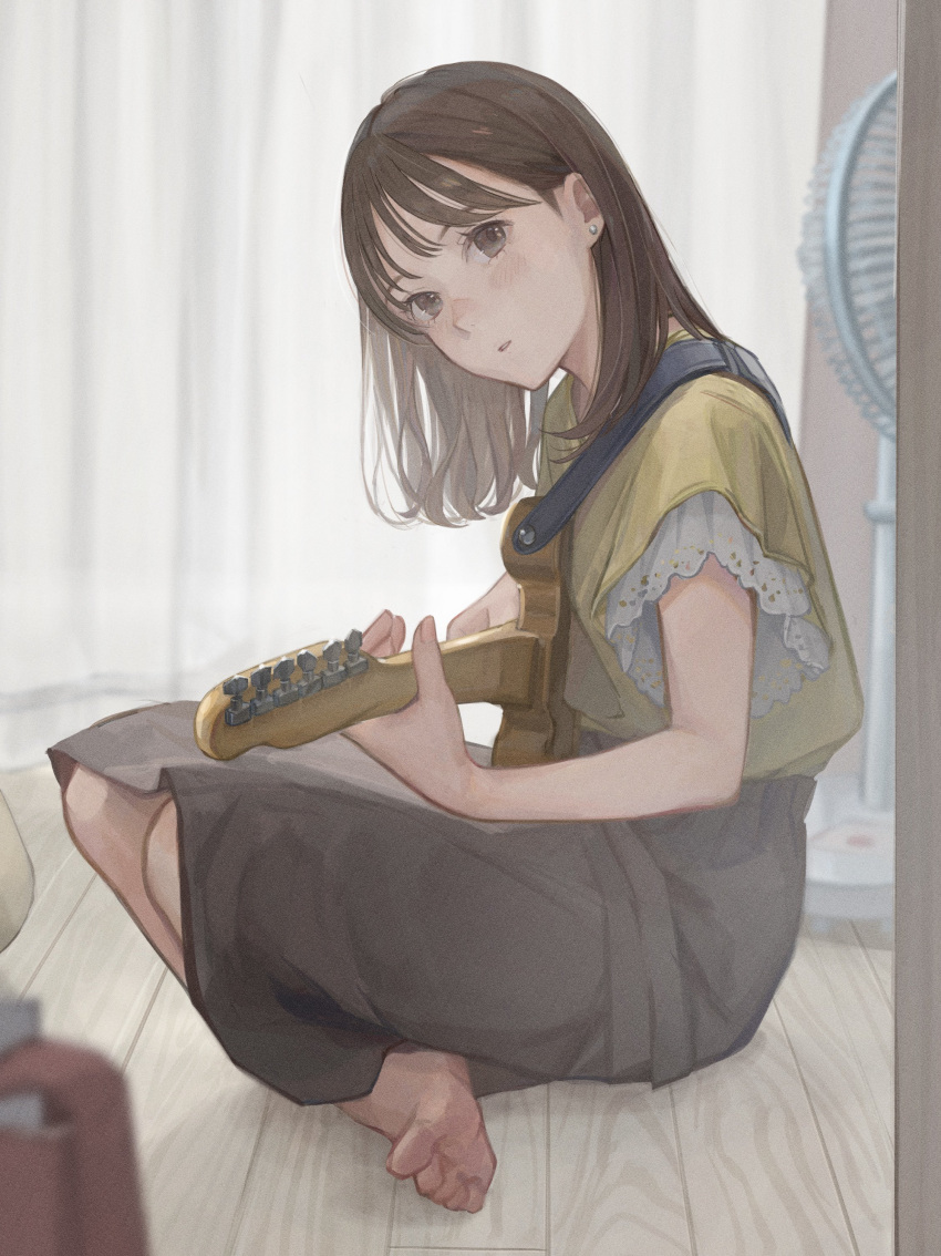 1girl absurdres barefoot blush brown_eyes brown_hair brown_skirt curtains earrings electric_fan electric_guitar feet guitar hair_behind_ear highres holding holding_instrument instrument jewelry looking_at_viewer medium_hair original parted_lips shirt sitting skirt toes utaka_(anyoanyot) wooden_floor yellow_shirt