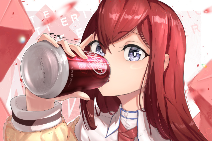 1girl absurdres can dark_red_hair dr_pepper drinking eriott highres holding holding_can lab_coat long_hair looking_at_viewer makise_kurisu necktie red_necktie soda soda_can solo steins;gate upper_body violet_eyes