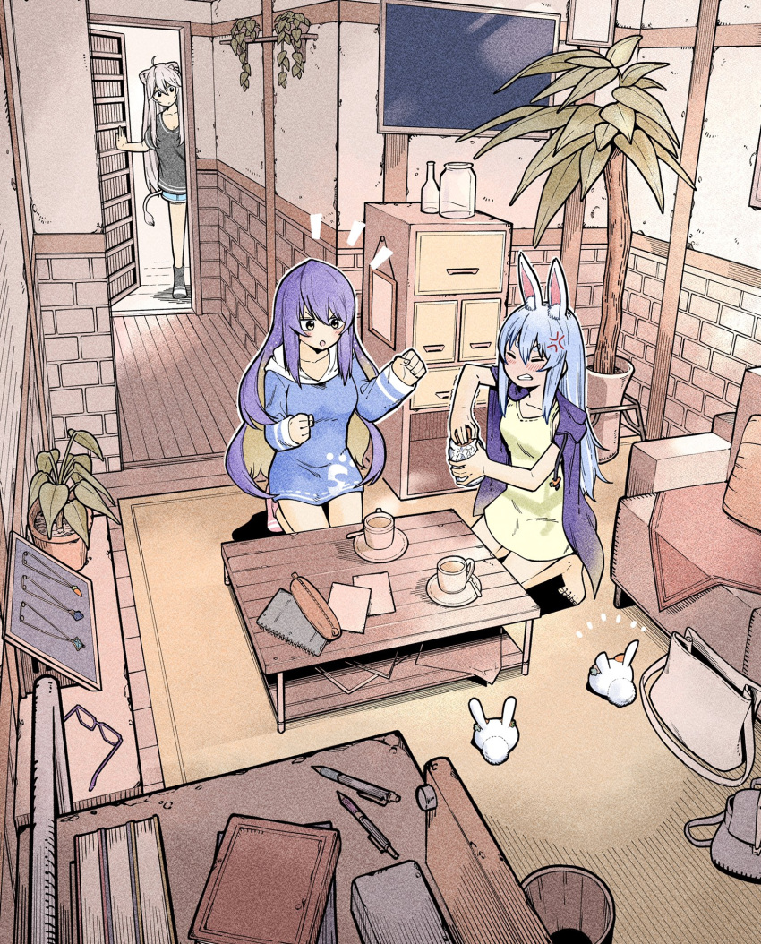 3girls :o ahoge anger_vein animal_ear_fluff animal_ears bag barefoot black_shirt black_socks blonde_hair blue_hair blue_hoodie blue_jacket blue_shorts blush bottle clenched_hands clenched_teeth closed_eyes coffee coffee_mug coffee_table colored_inner_hair commentary_request couch cup display door drawstring dress eyewear_removed feet flat_screen_tv flower_pot glasses grey_hair hair_between_eyes hands_up highres holding holding_jar hololive hood hood_down hoodie indoors jacket jacket_on_shoulders jar jewelry kneeling lion_ears lion_girl lion_tail long_hair long_sleeves looking_at_another moona_hoshinova mug multicolored_hair multiple_girls necklace notebook notice_lines nousagi_(usada_pekora) open_door open_mouth paper parted_lips pen pencil_case picture_frame pillow pink_socks plant plate potted_plant purple_hair rabbit_ears rug saucer shelf shirt shishiro_botan short_dress short_eyebrows short_shorts short_sleeves shorts sidelocks sleeveless sleeveless_dress sleeves_past_wrists socks spoon standing streaked_hair t-shirt table tail teeth television thick_eyebrows toes trembling usada_pekora v-shaped_eyebrows very_long_hair virtual_youtuber white_bag white_hair wooden_floor yellow_dress yurai0739