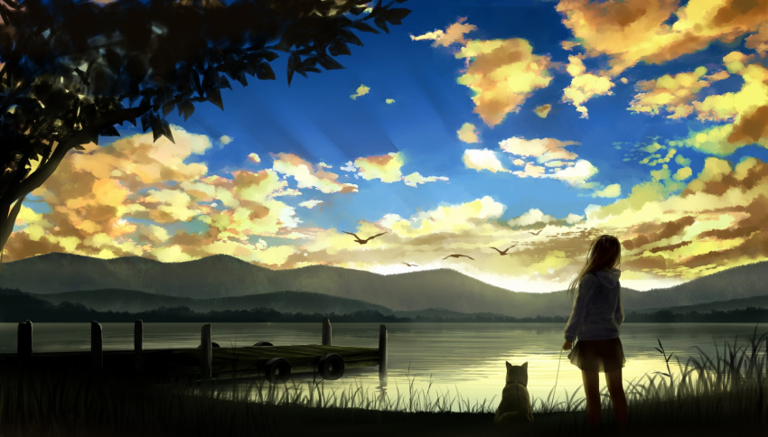 1girl bird blue_sky clouds commentary_request dog facing_away flock from_behind gensuke_(ryun) grass highres lake landscape leaf light_rays mountainous_horizon original outdoors pet_walking scenery sky solo standing sunbeam sunlight sunset tree water yellow_clouds