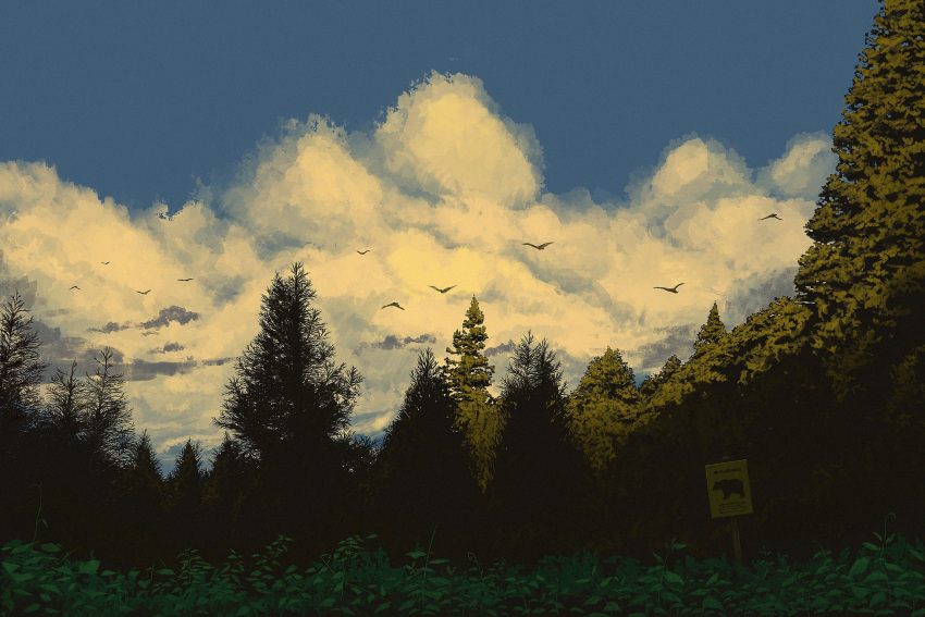 bird blue_sky clouds cloudy_sky commentary_request dusk flock forest gensuke_(ryun) highres nature no_humans original outdoors plant scenery shadow sign sky sunlight tree