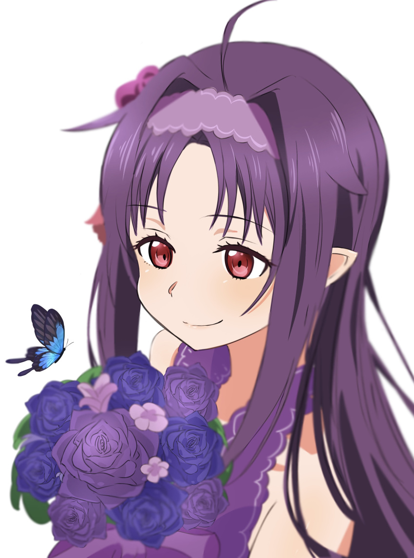 1girl absurdres ahoge bug butterfly closed_mouth dress flower hairband highres holding holding_flower parted_bangs pointy_ears purple_dress purple_hair purple_hairband red_eyes sleeveless sleeveless_dress smile solo sword_art_online upper_body user_tznu7345 white_background yuuki_(sao)