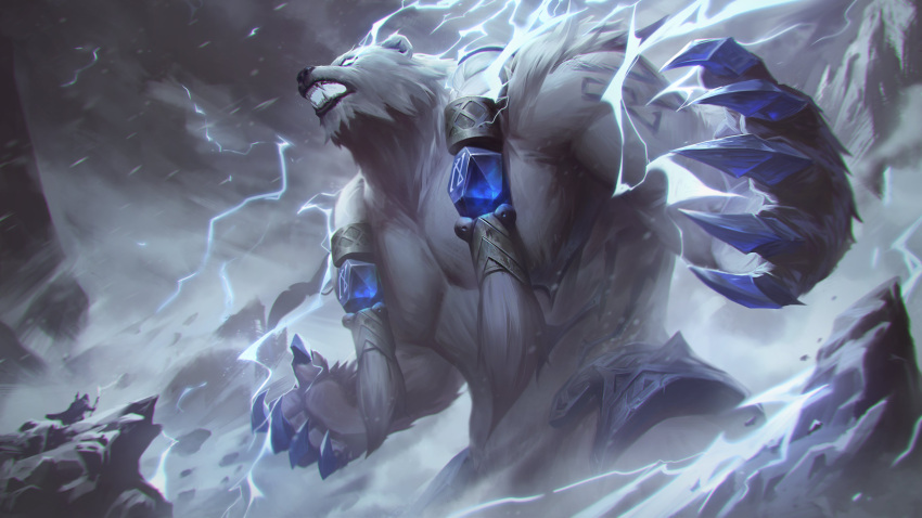 1boy 1other 24a_(ershisiai) absurdres bear_boy claws clouds fangs furry furry_male gem giant grey_sky highres league_of_legends mountain no_pupils outdoors runes sharp_teeth sky snowing solo standing teeth thunder volibear